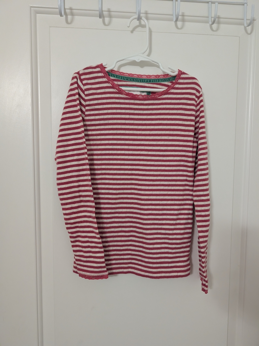 Boden Girls 9-10Y Pink Ivory Stripe Pointelle Lace Trim Long Sleeve Top
